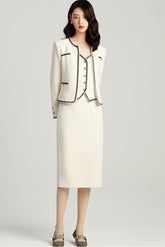Beige Three Pcs Tweed Skirt and Blazer Set - FashionByTeresa